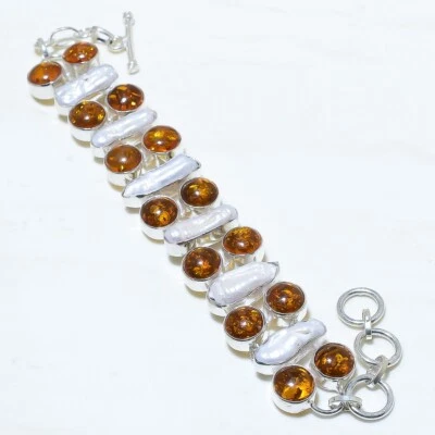 Baltischer Bernstein, Biwa-See Perle Edelstein Silber Schmuck Großer Armband - Bild 1 von 2