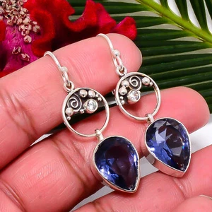 Iolite & White Topaz Designer Handmade 925 Sterling Silver Earring 2.03" Sku11 - Picture 1 of 2