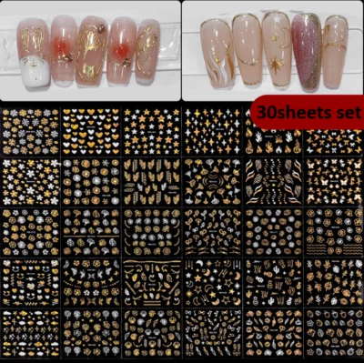30 Hojas Arte en Uñas Pegatinas Encaje Dorado Copo de Nieve MARIPOSA Hoja FLOR Deslizante JL Foto 1 de 3