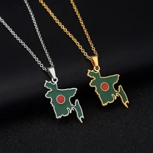 Bangladesh Flag Map Necklace Pendant Chain Bangladeshi Stainless Steel Gold Gift - Picture 1 of 5