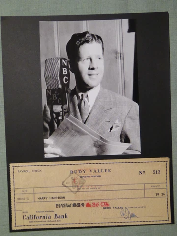 RUDY VALLEE VINTAGE SIGNED CHECK AUTOGRAPHED MADE OUT TO HARRY HARRISON Cover
