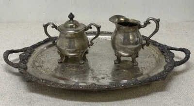 Vintage Sheridan Silver Plated 3 Piece Tea Set Serving Tray Cream Sugar - Image 1 of 4