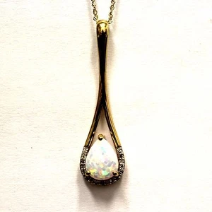 Neu 10k Gelbgold Halskette Diamant erstellt Opal Anhänger 2,4g Mode Damen - Bild 1 von 8