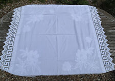 VINTAGE white floral embroidered cotton tablecloth crochet lace edge 116 x 112cm