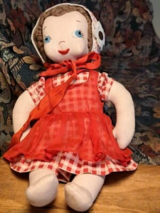 Vintage Kinderpuppe Hartstoff Baumwollkörper um 50 Jahre. Original Stoffe 14 Zoll groß - Bild 1 von 15