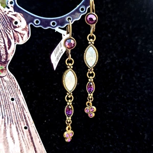 Michal Negrin Earrings Long Filigree Milky & Purple Swarovski Crystals Gift Box - Picture 1 of 12