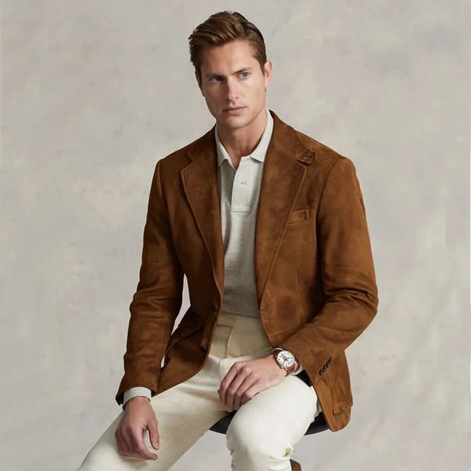 Men's Suit Jacket Suede Single Breasted Casual Elegant Male Coat for Business - Image 1 of 4