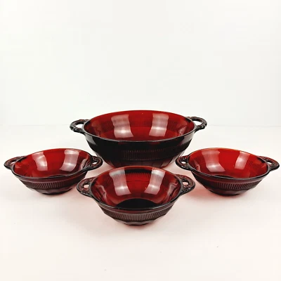 Vtg Anchor Hocking Royal Ruby Red Coronation Glass Serving & Berry Bowl 4-pc Set - Image 1 of 4