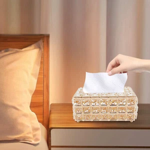 Tabletop Crystal Tissue Box Gold Paper Box Home Crystal Napkin Holder Round Pad - Picture 1 of 18