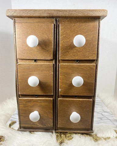 Antique Wood Apothecary Spice Sewing Chest Cabinet 15.5” Freestanding 6 Drawers Cover