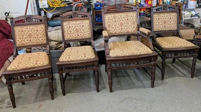 Sillas de salón antiguas victorianas talladas brazo y 3 sillas laterales - Juego de 4 c1850 Foto 1 de 4