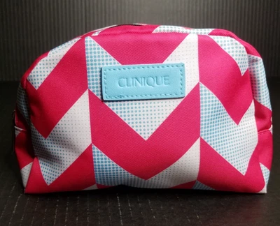 Clinique Fun "Cheronish" Pattern Zipper Cosmetic Makeup Bag NWOT Hot Pink & Blue Foto 1 de 4