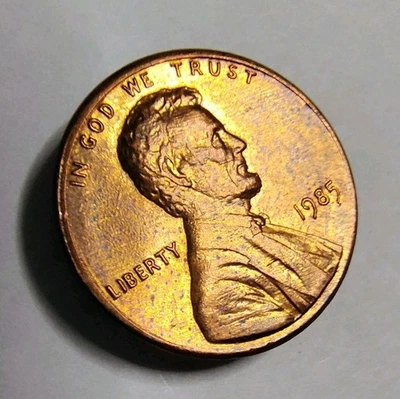 1985 D Lincoln Penny Perfectly Bright Orange Iridescent Die Break Lines gouge - Image 1 of 4