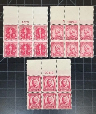 US Stamps-SC# 688 - 690 - 2 Cent Reds  - MNH - Plate Blocks Of 6 - SCV $80.00 - Image 1 of 2