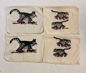 Vintage Set Of 4 KLIBAN cat RED SNEAKERS black white tabby hand towels made USA - Picture 1 of 6