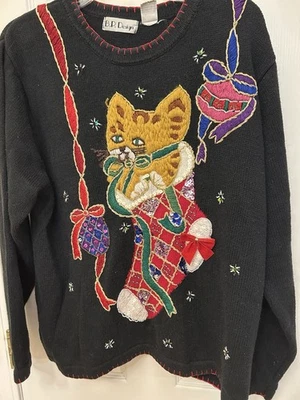 Vintage Cat In Stocking Christmas Sweater Sequins Embroidered Ramie Cotton XL - Image 1 of 4