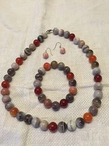 Vtg Glass Bead Faux agate Necklace Earrings Bracelet - Picture 1 of 6