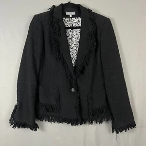 Serena Kay Blazer Jacket Women's 42 Black Cotton Fringe Trim Notch Lapel Career - Picture 1 of 6