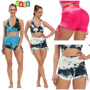 Women's Tie-dye Butt Lifting Yoga Shorts Stretchy Ruched Tummy Leggings Bikini - Picture 1 of 16