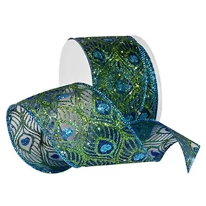 Peacock Feather Turquoise Sparkle on Sheer Wide Wired Ribbon 20 Yards NEW exotic - Picture 1 of 2