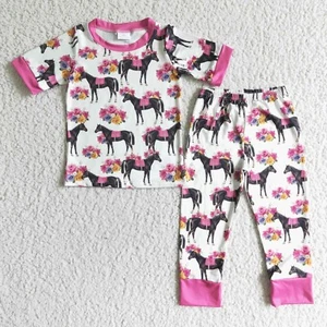 Girls Floral Horse Print Short Sleeve Pajamas Set 2pcs Sleepwear - Picture 1 of 1