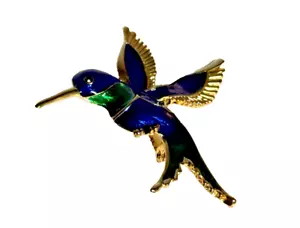 Brooch Humming Bird Blue Green Enamel Gold Metal - Picture 1 of 11