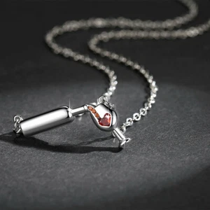 Silver Bottle of Wine w/ Glass Pendant Chain Necklace Jewelry - Cute and Fun - Picture 1 of 3