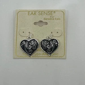 Ear Sense Silver Tone Heart Black Dangle Earrings Hypo-Allergenic Nickel Free - Picture 1 of 3