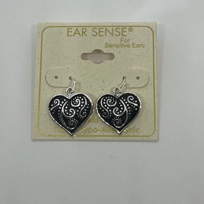 Ear Sense Silver Tone Heart Black Dangle Earrings Hypo-Allergenic Nickel Free - Image 1 of 3