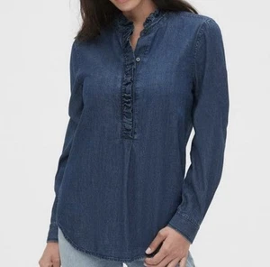 GAP Denim Ruffle Trim Popover Shirt Cottagecore Prairie Dark Indigo Blue XSP - Picture 1 of 12