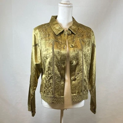 Carrie Allen Women’s Embossed Metallic Gold Jacket Medium – Statement Boho Luxe - Image 1 of 4