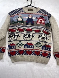 Vintage South Virgin Wool Country Farm Cow Hearts Hand Knit Sweater S Cream Red - Picture 1 of 12
