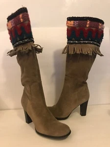 New PAZ Tall Boots Embroidered Tan Leather Suede Size 7 - Picture 1 of 8