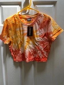 Women NWT "Rawgear" orange tie dye cropped short sleeve t-shirt Size XL - Picture 1 of 2