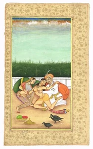 Indian Kama Sutra Art Painting Of Mughal Emperor & Queen Love Scene 6x9.5 Inches - Picture 1 of 6
