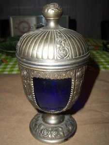 Chalice Vessel with Cobalt Blue Glass Insert & Lid Made in Japan Vintage - Nice! - Picture 1 of 5