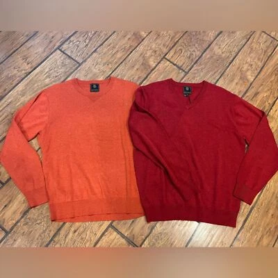 FX Fusion 毛衣男式 L 红色橙色 2 件套圆领和 V 领豪华柔软全新带标签 — 第 1/4 张图片