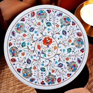Runde weiße Marmor Multi-Inlay Stein Mitte Sofa Dekor Möbel einzigartige Kaff... - Bild 1 von 8