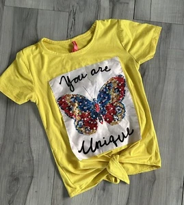 Bright Yellow Cute U You Are Unique Butterfly Beaded Tie Front Girl Top Size S 7 - Picture 1 of 4