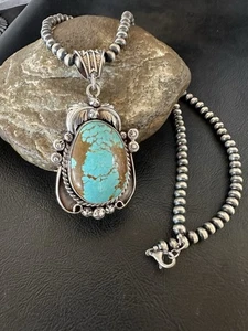 Blue Turquoise #8 Pendant Navajo Pearls Sterling Silver Necklace 19387 - Picture 1 of 15