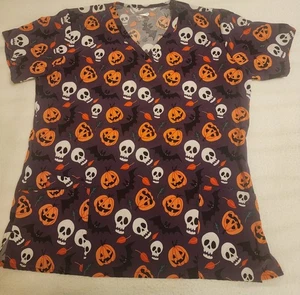 Scrubaid Women’s Halloween 3 Pocket Scrub Top Size XL 4 Way Stretch Tapered Fit - Picture 1 of 10