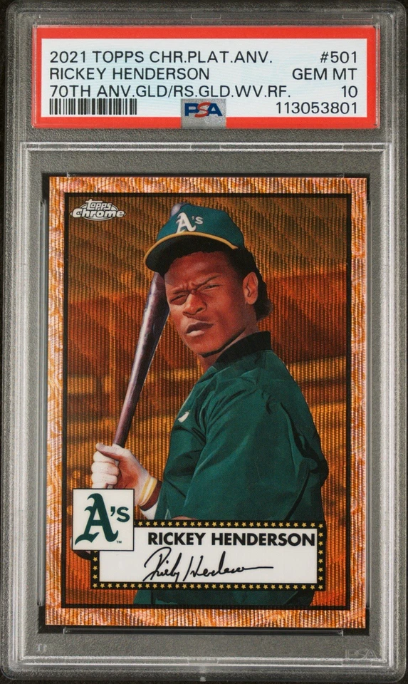 2021 Topps Chrome Platinum Anniversary Rickey Henderson Gold /50 PSA 10 - Image 1 of 2