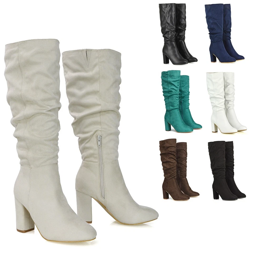ESSEX GLAM Womens Block High Heel Boots Ladies Mid Calf Knee High Rouched Winter Boots Size