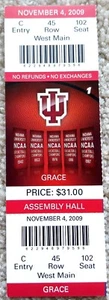 INDIANA UNIVERSITY HOOSIERS BASKETBALL TICKET v GRACE 2009-10 - BANNERS! RARE! - Picture 1 of 1