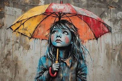 Banksy Style Umbrella Girl Rainbow Rain Canvas Picture Print Wall Art - Image 1 of 3