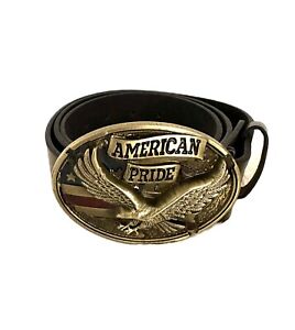 American Pride Belt Buckle USA Flag Eagle America & Black Leather Belt.