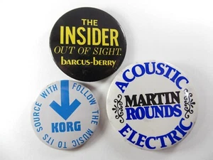 Vtg 1990s MARTIN GUITAR BARCUS BERRY KORG Pinback Buttons Badges Pin LOT of 3 - Imagen 1 de 5