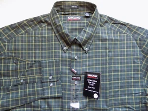 NEW KIRKLAND Dress Shirt Green Plaid Check 17.5 - 35.5 NON IRON NWT XL Twill - Picture 1 of 4