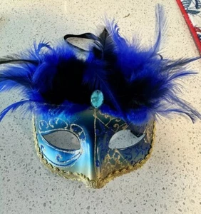 Women's Peacock Feathered Glitter Venetian Mardi Gras Masquerade Mask Blue/Gold - Picture 1 of 4