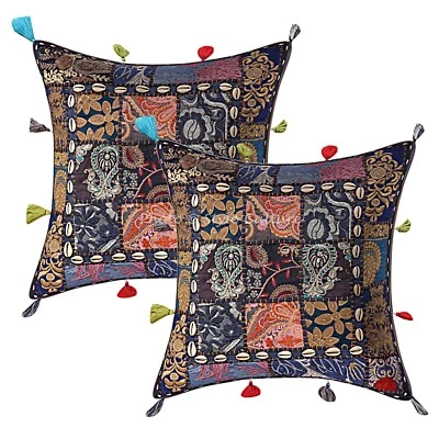 Boho Hippie Yoga Pillow Case Cushion Cover Blue Patchwork Tribal Cowry - Image 1 of 4
